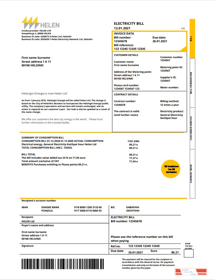 Finland HELEN utility bill template in Word and PDF format